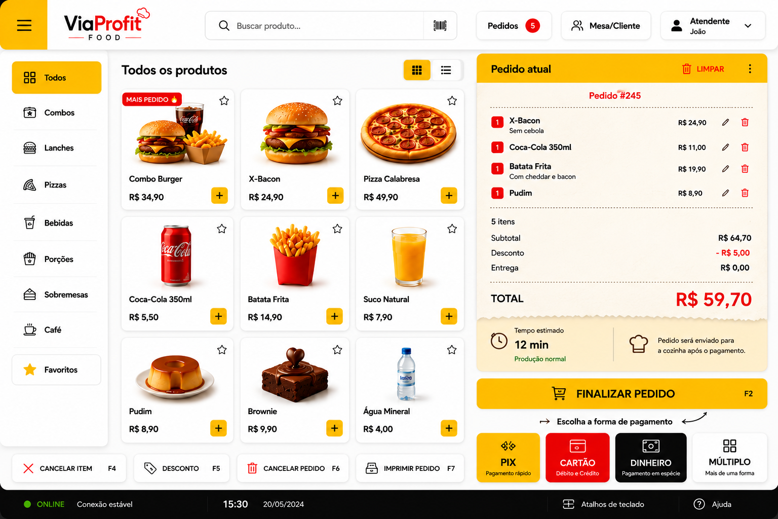 Tela real do PDV ViaProfit Food organizando produtos e pedido